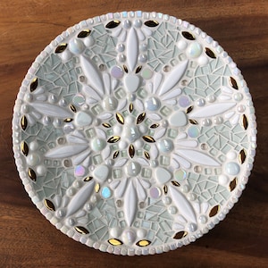 White mosaic mandala dish with glass, ceramic and gold accents