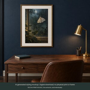 Puede incluir: Una impresi&oacute;n de arte mural vertical enmarcada que muestra una escena nocturna con una gran polilla blanca volando fuera de un cristal de ventana, rodeada de follaje oscuro y una luna llena al fondo, en un marco dorado fino con borde blanco.