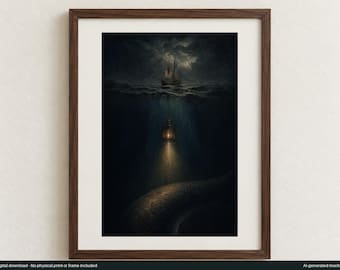 May include: A framed wall art print featuring a dark, moody ocean scene. Above the water, a sailing ship navigates a stormy night sky. Below the surface, a glowing lantern hangs in the deep blue water, illuminating a large, dark sea creature.