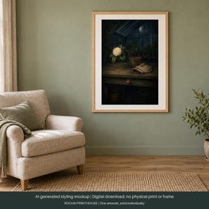 May include: A framed wall art print featuring a dark, moody scene of a white camellia flower in a greenhouse, resting on a wooden potting bench next to a pair of gardening gloves. The artwork is displayed in a light wood frame on a sage green wall.