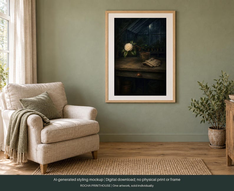 May include: A framed wall art print featuring a dark, moody scene of a white camellia flower in a greenhouse, resting on a wooden potting bench next to a pair of gardening gloves. The artwork is displayed in a light wood frame on a sage green wall.