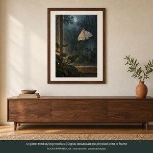 Puede incluir: Una l&aacute;mina de arte mural enmarcada que muestra una escena nocturna con una polilla blanca volando cerca de una ventana con vistas a un bosque oscuro iluminado por la luna. La obra est&aacute; en un marco de madera oscura con tonos azules y verdes.