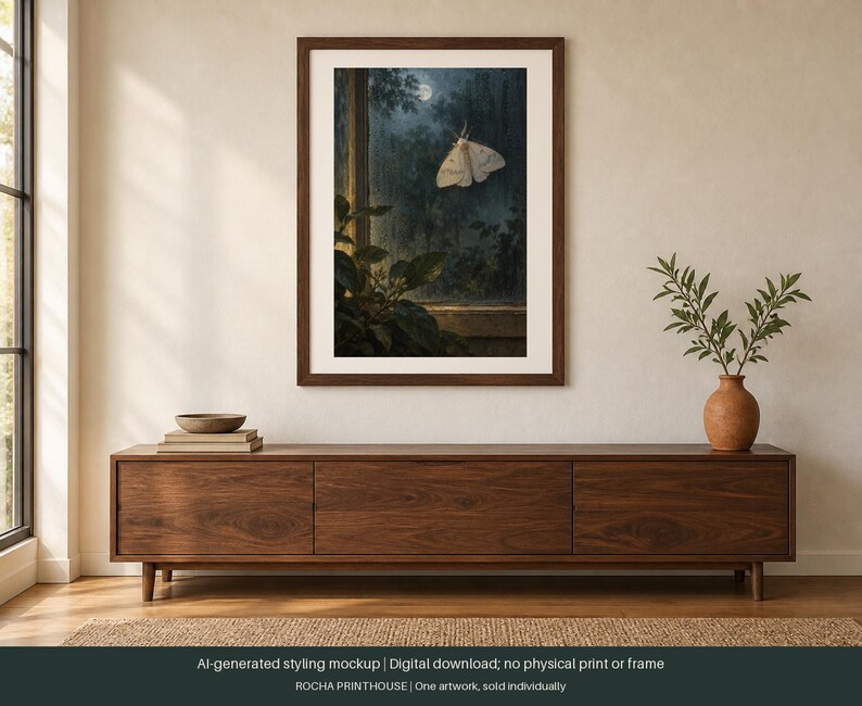 Puede incluir: Una l&aacute;mina de arte mural enmarcada que muestra una escena nocturna con una polilla blanca volando cerca de una ventana con vistas a un bosque oscuro iluminado por la luna. La obra est&aacute; en un marco de madera oscura con tonos azules y verdes.
