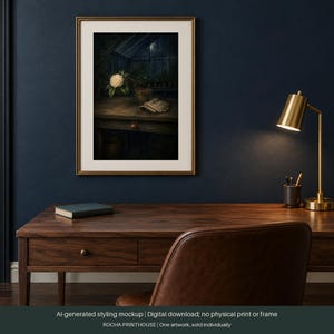 May include: A framed wall art print featuring a dark, moody scene of a single white camellia flower in a greenhouse at night, set on a wooden potting bench with a pair of gardening gloves, displayed in a gold frame on a dark blue wall.