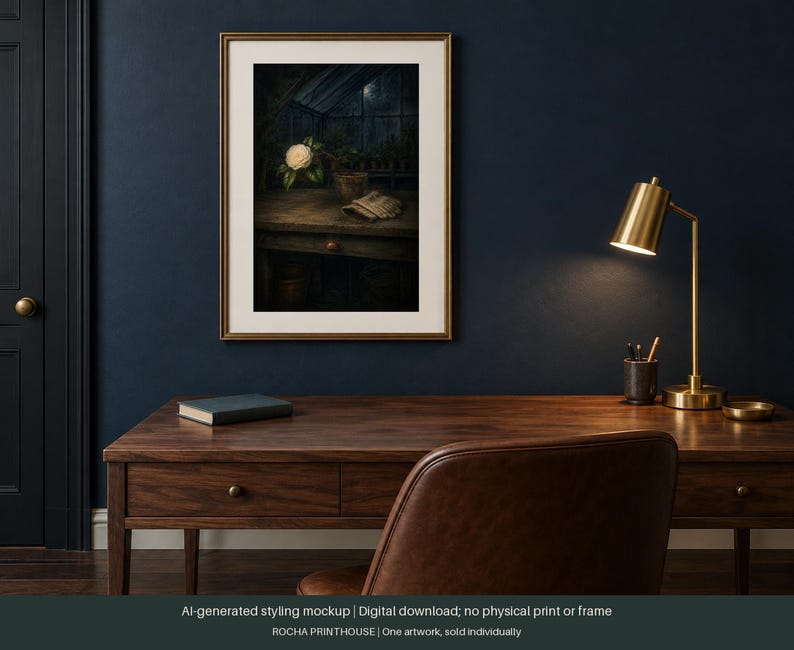 May include: A framed wall art print featuring a dark, moody scene of a single white camellia flower in a greenhouse at night, set on a wooden potting bench with a pair of gardening gloves, displayed in a gold frame on a dark blue wall.