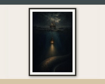The Lantern Below, Dark Nautical Printable Wall Art, Gothic Ocean Digital Download
