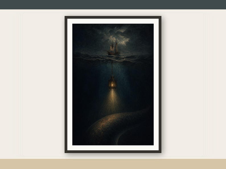 The Lantern Below, Dark Nautical Printable Wall Art, Gothic Ocean Digital Download listing image 1 of 7
