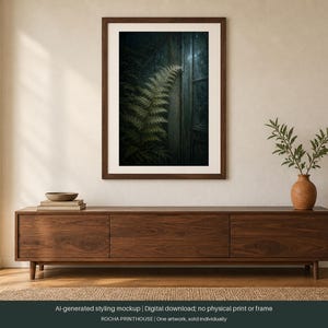 May include: A framed wall art print featuring a dark, moody botanical illustration of a green fern frond positioned next to a vertical wooden door panel. The artwork is encased in a simple brown wooden frame with a wide white matting border.