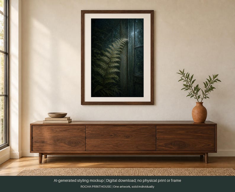 May include: A framed wall art print featuring a dark, moody botanical illustration of a green fern frond positioned next to a vertical wooden door panel. The artwork is encased in a simple brown wooden frame with a wide white matting border.