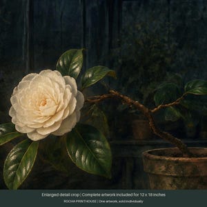 May include: A white camellia flower with layered petals and dark green leaves on a thin branch, planted in a terracotta pot. The text at the bottom reads: Enlarged detail crop | Complete artwork included for 12 x 18 inches ROCHA PRINTHOUSE | One artwork, sold individually.