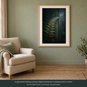 May include: A framed wall art print featuring a dark, moody botanical illustration of a single fern frond positioned next to a vertical wooden structure. The artwork is displayed in a light wood frame with a white mat, hanging on a sage green wall.