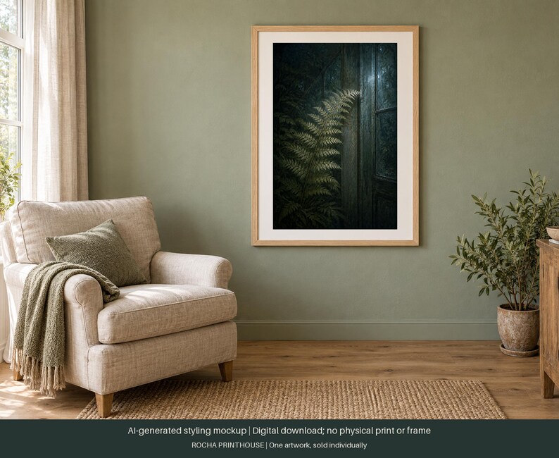 May include: A framed wall art print featuring a dark, moody botanical illustration of a single fern frond positioned next to a vertical wooden structure. The artwork is displayed in a light wood frame with a white mat, hanging on a sage green wall.