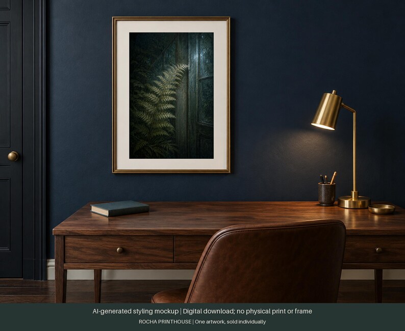 May include: A rectangular wall art print in a gold frame featuring a dark, moody botanical illustration of a green fern leaf next to a vertical wooden structure. The artwork is displayed on a dark blue wall above a wooden desk with a gold lamp.