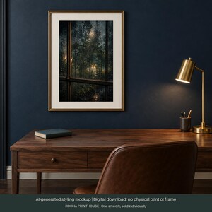 May include: A framed wall art print featuring a dark, moody forest scene viewed through a window at night, displayed in a gold frame with a white mat. The artwork depicts dense trees and foliage illuminated by soft, glowing light in the distance.