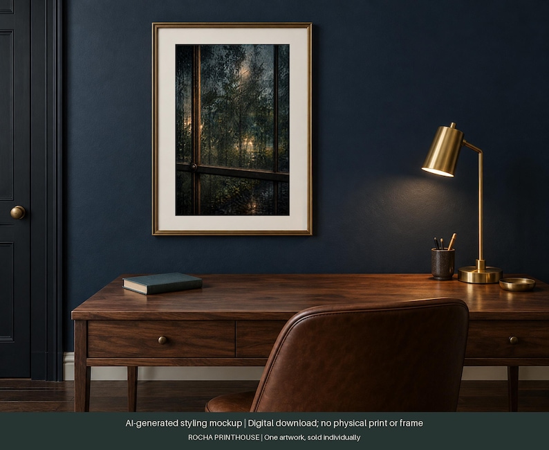 May include: A framed wall art print featuring a dark, moody forest scene viewed through a window at night, displayed in a gold frame with a white mat. The artwork depicts dense trees and foliage illuminated by soft, glowing light in the distance.