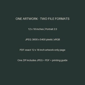 May include: A dark green digital graphic with white text stating: ONE ARTWORK - TWO FILE FORMATS, 12 x 18 Inches | Portrait 2:3, JPEG: 3600 x 5400 pixels | sRGB, PDF: exact 12 x 18 inch artwork-only page, One ZIP includes JPEG + PDF + printing guide.
