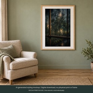 May include: A framed vertical wall art print featuring a dark, moody forest scene viewed through a window pane. The artwork displays dense trees and foliage in deep greens and shadows, with soft light filtering through the branches and leaves.