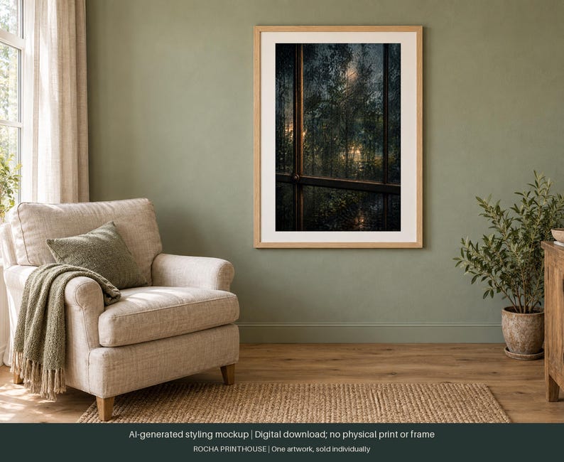 May include: A framed vertical wall art print featuring a dark, moody forest scene viewed through a window pane. The artwork displays dense trees and foliage in deep greens and shadows, with soft light filtering through the branches and leaves.