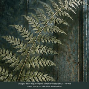 May include: A metallic gold-toned fern frond illustration set against a dark, textured teal background. The artwork includes the text: Enlarged detail crop | Complete artwork included for 12 x 18 inches ROCHA PRINTHOUSE | One artwork, sold individually.