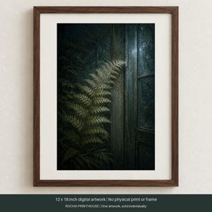 May include: A framed 12 x 18 inch digital artwork featuring a dark, moody scene of a green fern plant positioned next to a weathered wooden door with glass panels. The composition uses deep shadows and soft light to highlight the fern's texture.