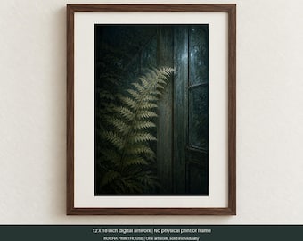 May include: A framed 12 x 18 inch digital artwork featuring a dark, moody scene of a green fern plant positioned next to a weathered wooden door with glass panels. The composition uses deep shadows and soft light to highlight the fern's texture.