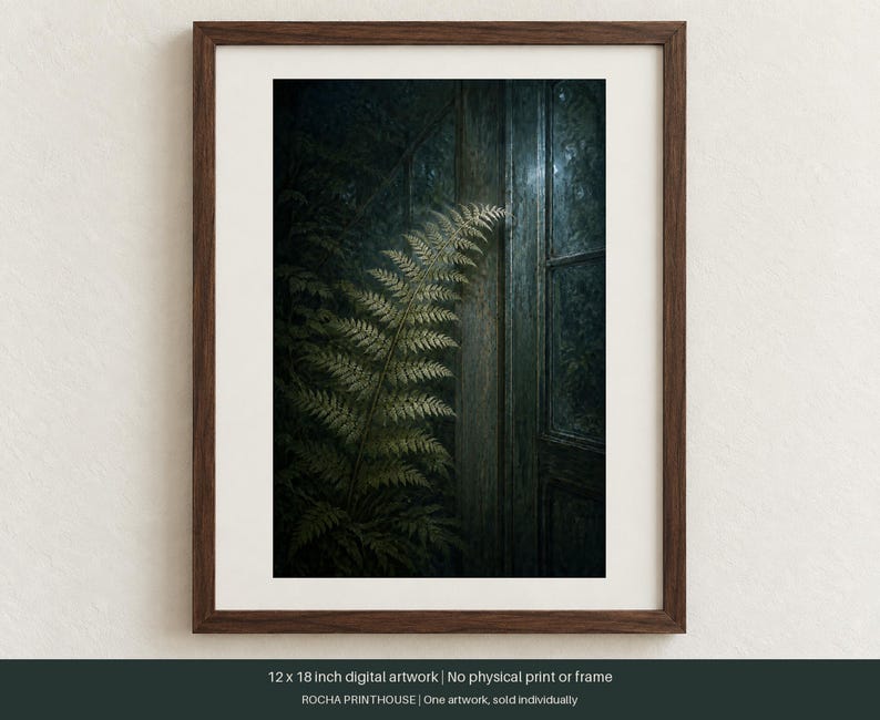 May include: A framed 12 x 18 inch digital artwork featuring a dark, moody scene of a green fern plant positioned next to a weathered wooden door with glass panels. The composition uses deep shadows and soft light to highlight the fern's texture.