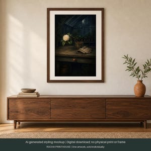 May include: A framed wall art print featuring a dark, moody scene of a single white camellia flower in a pot on a wooden table inside a greenhouse. The artwork is displayed in a brown frame hanging above a long, low wooden media console cabinet.
