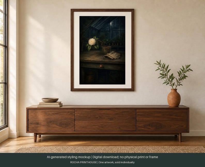 May include: A framed wall art print featuring a dark, moody scene of a single white camellia flower in a pot on a wooden table inside a greenhouse. The artwork is displayed in a brown frame hanging above a long, low wooden media console cabinet.