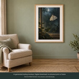Puede incluir: Una l&aacute;mina de arte enmarcada que muestra una escena nocturna con una polilla blanca volando cerca de una ventana por la noche, sobre un fondo de bosque oscuro con luna llena. La obra est&aacute; en un marco de madera clara en una pared verde salvia.