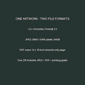 May include: A dark green digital graphic with white text stating: ONE ARTWORK - TWO FILE FORMATS, 12 x 18 Inches | Portrait 2:3, JPEG: 3600 x 5400 pixels | sRGB, PDF: exact 12 x 18 inch artwork-only page, One ZIP includes JPEG + PDF + printing guide.
