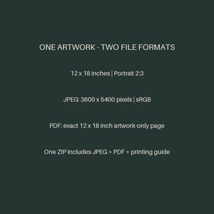 May include: A dark green digital graphic with white text stating: ONE ARTWORK - TWO FILE FORMATS, 12 x 18 Inches | Portrait 2:3, JPEG: 3600 x 5400 pixels | sRGB, PDF: exact 12 x 18 inch artwork-only page, One ZIP includes JPEG + PDF + printing guide.