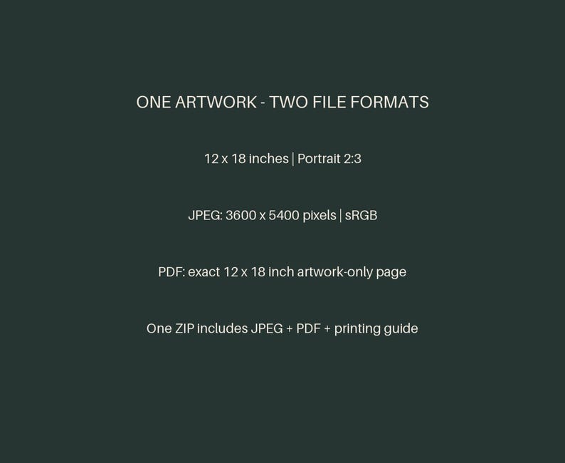 May include: A dark green digital graphic with white text stating: ONE ARTWORK - TWO FILE FORMATS, 12 x 18 Inches | Portrait 2:3, JPEG: 3600 x 5400 pixels | sRGB, PDF: exact 12 x 18 inch artwork-only page, One ZIP includes JPEG + PDF + printing guide.