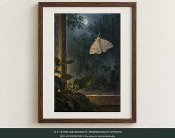 May include: A framed 12 x 18 inch digital artwork depicting a pale moth resting on a rain-streaked window at night. A full moon shines in the dark sky above silhouettes of trees. A dark green plant sits in the foreground near the window frame.