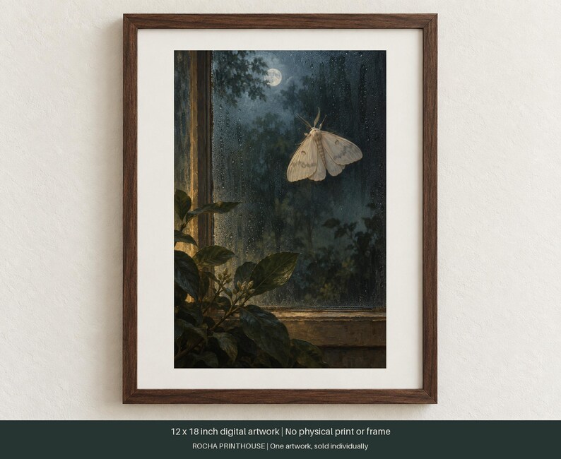 Puede incluir: Una obra de arte digital enmarcada de 30,48 x 45,72 cm que muestra una polilla p&aacute;lida en una ventana con lluvia por la noche. Una luna llena brilla en el cielo oscuro sobre siluetas de &aacute;rboles. Una planta verde est&aacute; en primer plano.