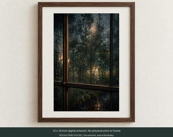 May include: A framed 12 x 18 inch digital artwork depicting a view through a window pane at night. The scene shows dark, rain-streaked glass looking out onto foliage illuminated by soft, warm light. The frame is dark brown wood with a white mat.