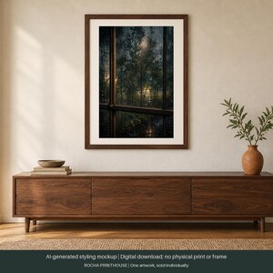 May include: A framed vertical wall art print depicting a dark, moody forest scene viewed through a window pane. The artwork is displayed in a brown wooden frame hanging above a long, low-profile walnut wood media console with three cabinet doors.