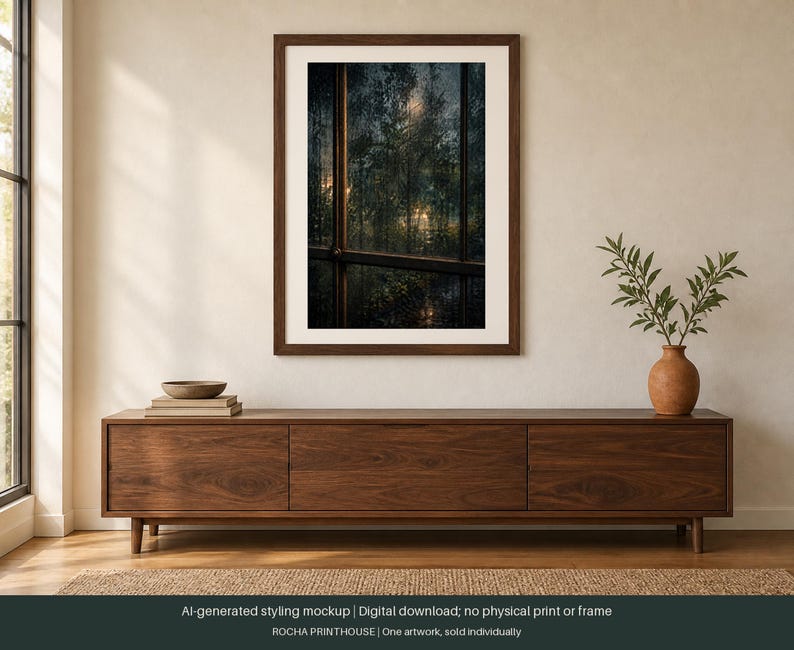 May include: A framed vertical wall art print depicting a dark, moody forest scene viewed through a window pane. The artwork is displayed in a brown wooden frame hanging above a long, low-profile walnut wood media console with three cabinet doors.