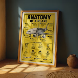 May include: A framed educational poster titled Anatomy of a Plane with a bright yellow background. It features a detailed technical illustration of an airplane with numbered labels and a specifications section listing metrics in both metric and imperial units.