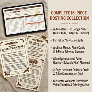 Complete Thanksgiving Host Kit Fall Harvest Menu Template Place Cards 8 Family Printable Games Google Sheets Potluck Grocery Budget Tracker