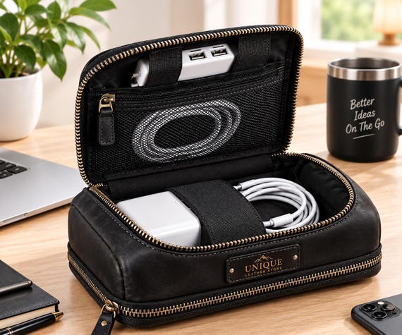 Handcrafted, personalized leather tech pouch that brings old-world craft to your tangled cable chaos — monogramming makes it a genuinely thoughtful, keep-forever gift.