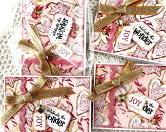 Christmas gift card/money holder, with gift bags,  set of 4, handmade, with pink print paper and tags