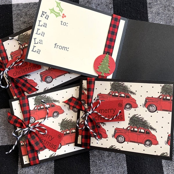 Christmas gift card/money holder, with gift bags,  set of 4, handmade, with  Vintage cars and Christmas trees print paper and tag