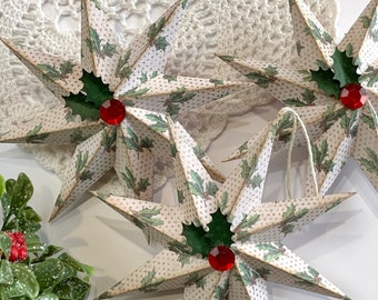 Vintage Holly Christmas Star Ornament Set: Handmade 3D Paper Decor