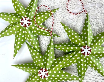 Grinch Christmas star ornament, handmade, set of 3, 3d, 8 point paper star in green and white polka dot, Christmas tree decor