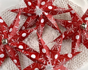 Christmas star ornament, handmade, set of 4, 3d, 8 point paper star in red with white snowflakes, Christmas tree decor