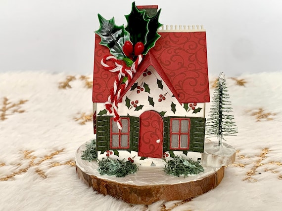 Handmade Christmas Putz House: Holly Print Paper House on Wood Slice