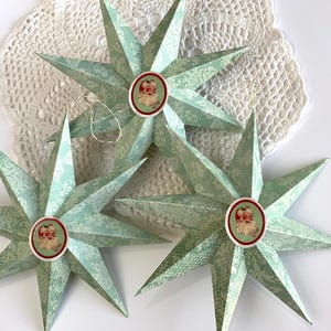 Handmade Christmas Star Ornament Set: Mint Green Damask, Vintage Santa (Set of 3)