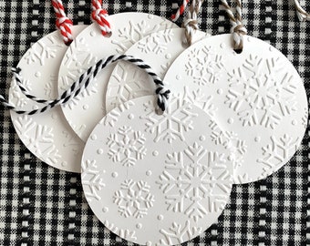 Christmas tag white embossed snowflakes set of 5