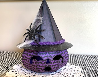 Bruja de Halloween Jack-o-lantern, decoración de Halloween, luminaria de calabaza
