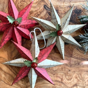 Handmade Christmas Star Ornament Set: Red Damask & Music Print